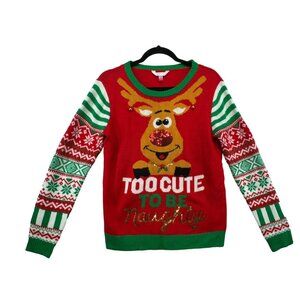 No Boundaries Kids Youth Christmas Sweater Reindeer Design L/G (11-13) Red & Gre